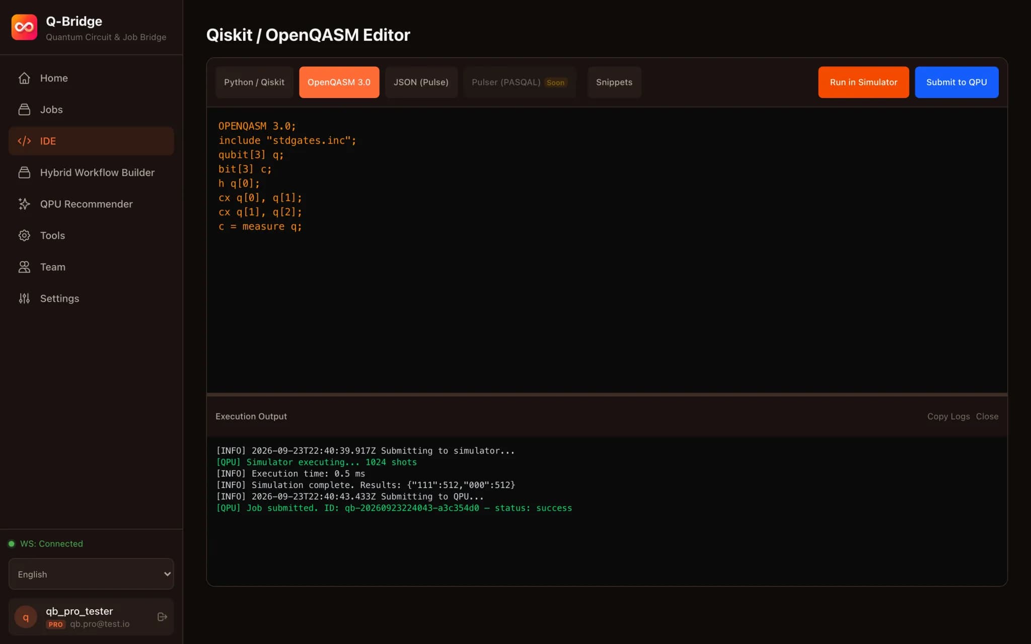 Q-Bridge IDE: an OpenQASM 3.0 GHZ circuit run on the built-in simulator, with the measured counts and the submitted job in the output log